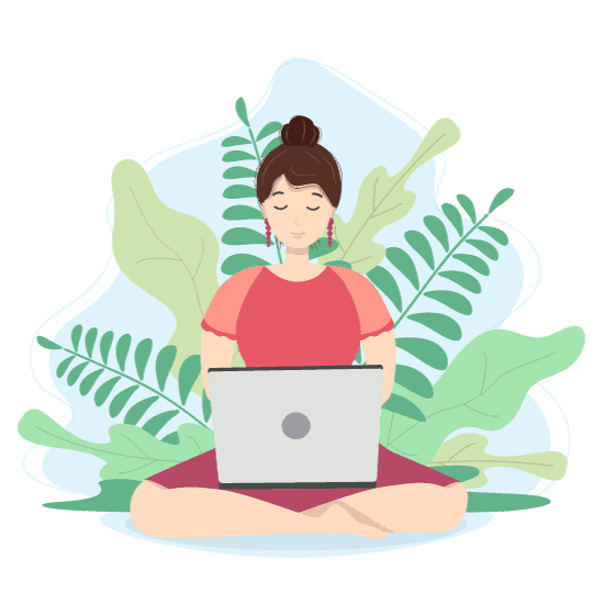 drawing of woman seated with laptop in front of plants